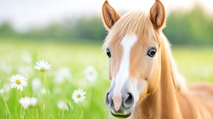 Naklejka premium Palomino pony in daisy field, spring pasture. Stock photo for equestrian websites