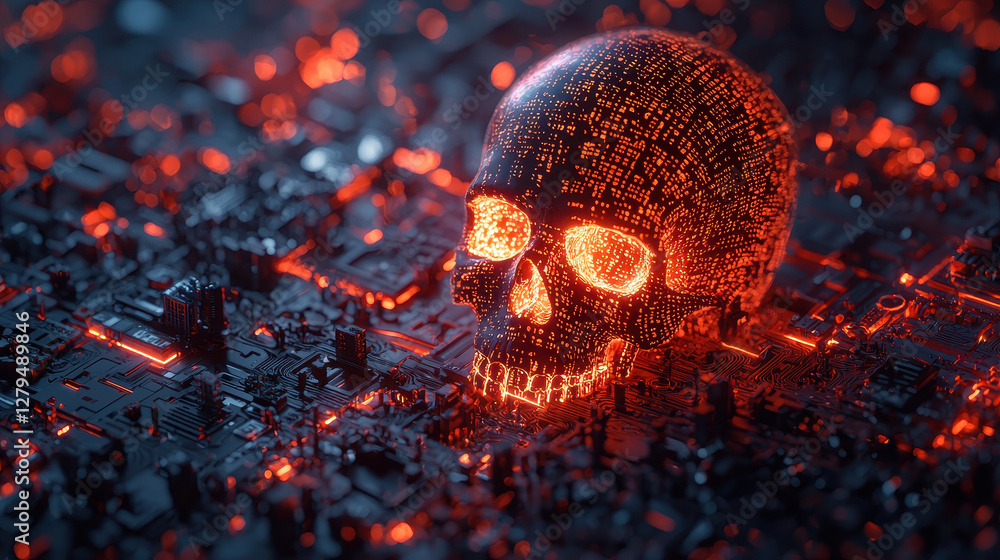 Aufkleber concept visualization of a zero-day cyberattack featuring a glowing digital skull breaking through s