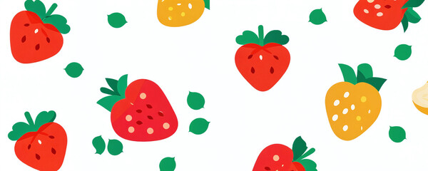 Colorful pattern of strawberries and leaves on a bright background ideal for cheerful designs and decorations
