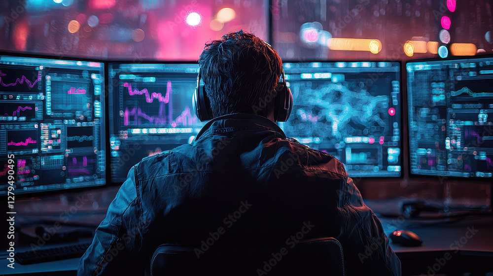 Poster cybersecurity response team analyzes real-time zero-day attack data in a futuristic control room wit