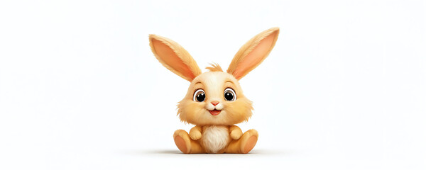 Cheerful animated bunny sitting happily with a playful expression in a bright, minimalistic setting