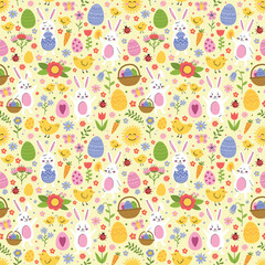 Colourful Easter texture in cartoon style. Cute bunny, chick, eggs and flowers. Vector illustration