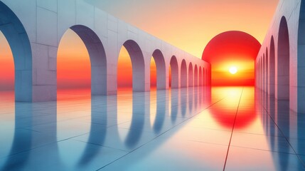 Sunrise Reflections in Minimalist Archway with Surreal Colors