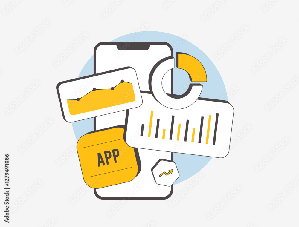 Poster Analyze user behavior with mobile app analytics tools. Track performance, engagement, and retention to optimize app growth using data-driven insights and advanced tracking solutions illustration