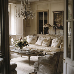 French provincial interiors blend rustic elegance with soft colors, antique furniture, natural materials, and ornate details.