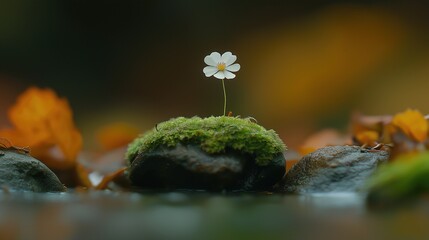 Tiny White Wildflower Growing on a Mossy Rock in Autumn