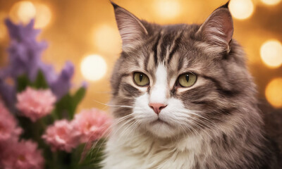 Majestic cat in a cozy setting with blurred flowers and lights creating a warm ambiance