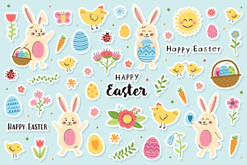 Collection of Easter stickers: bunny, chick, egg and flowers. Cute cartoon style elements. Vector illustration