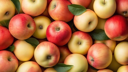 A bunch of apples with green leaves on top. The apples are red and yellow. The apples are fresh and ripe