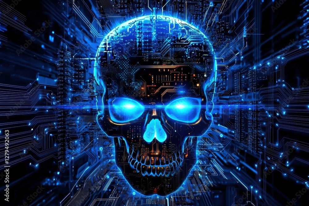 Poster skull design integrated into a circuit board backdrop.
