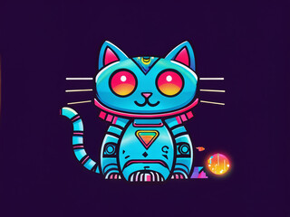 Whimsical futuristic cat character with vibrant colors and playful design in a dark background setting