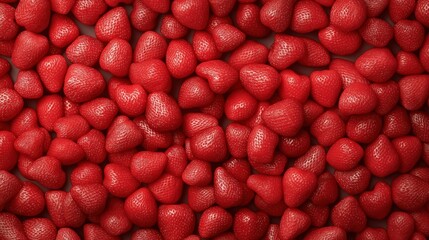 A close up of red strawberries with a shiny, glittery surface. The strawberries are arranged in a pattern, with some overlapping and others standing alone. Scene is one of abundance and richness