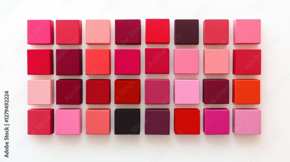 Poster array of colorful square blocks in various shades of red and pink arranged neatly on a white backgro
