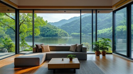 Serene Lakeside Living Room with Stunning Mountain Views
