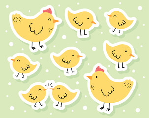 Collection of stickers with cartoon chicks and chickens. Easter chicks icons. Vector illustration