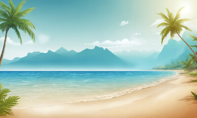 Tropical beach landscape with palm trees, serene water, and distant mountains during sunrise