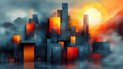 Abstract Cityscape at Sunset with Vibrant Colors and Geometric Shapes