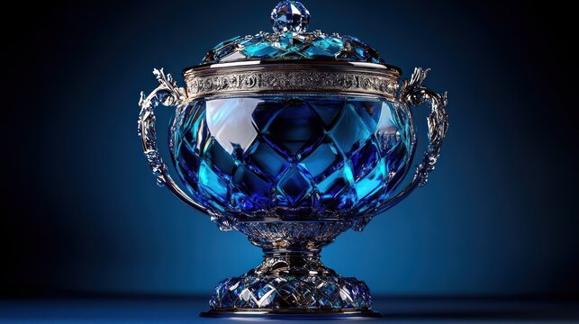 Ornate blue crystal bowl,  silver-plated base, dark blue backdrop