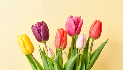 Naklejka premium Colorful tulips in a bouquet against a yellow background