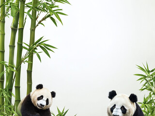 Two playful pandas enjoying bamboo in a serene environment on a clear day