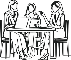 Monochrome Illustration of Businesswomen Having a Team Meeting