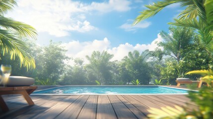 Fototapeta premium Relaxing Outdoor Pool Surrounded by Lush Greenery and Palm Trees