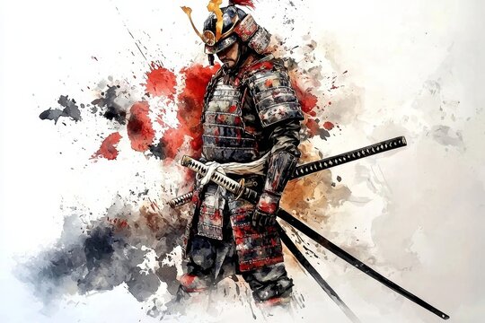 A striking painting of a samurai warrior in intricate armor.
