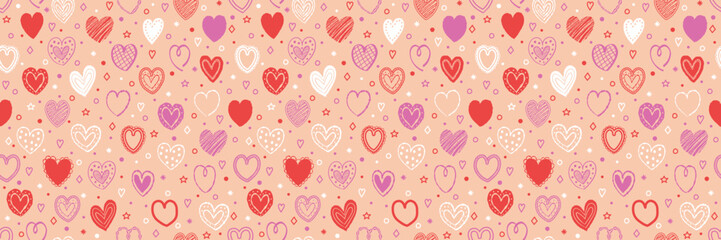 Seamless pattern with hand drawn hearts. Background with elements in cartoon style. Doodles. Design for Valentine’s Day, Mother’s Day and Women’s Day. Vector illustration