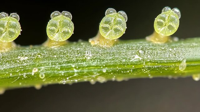 Close-up view of plant structure showcasing tiny glandular trichomes covered in liquid during daylight