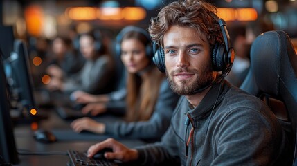 A young man wearing headphones smiles in a gaming room