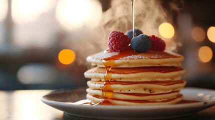 Stack of Pancakes with Maple Syrup and Berries Breakfast Delight