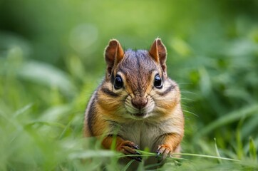 Obraz premium A charming chipmunk with full cheeks peeks through the tall grasses, looking directly at the viewer.