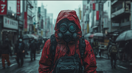 Obraz premium Cybernetic rogue navigates a post-collapse metropolis in urban survivalist fashion with high-tech gear and repurposed armor