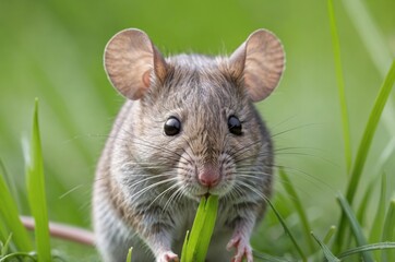 A charming wild field mouse is captured in a close-up as it enjoys a fresh blade of grass.