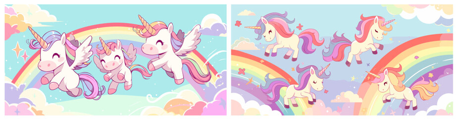 unicorns background cartoon. unicorn on rainbow, fairy tale cute fictional character white horse horn sky clouds vector illustration