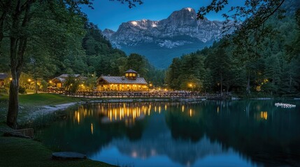 Fototapeta premium Serene Mountain Lake Resort at Dusk