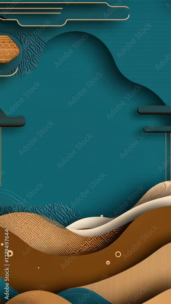 Poster abstract design featuring layered shapes and textures in warm and cool colors with a serene aestheti