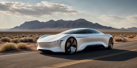 Fototapeta premium A sleek, white electric car speeds across a desert highway, with scenic mountains in the distance.