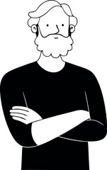 Confident Older Bearded Hipster in Line Drawing with Arms Crossed
