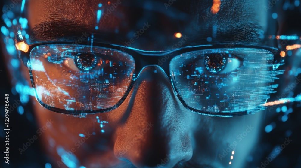 Poster eyes of focused male it specialist analyzing complex data streams, surrounded by augmented reality h