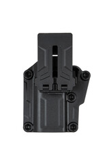 A black polymer gun holster with a belt clip, designed with four screws for secure attachment and a...
