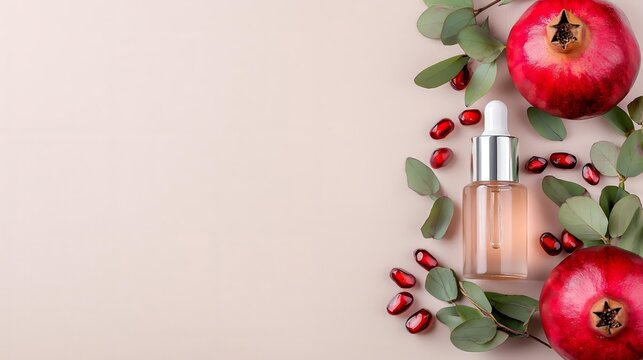 Pomegranate skincare serum with fresh fruit and leaves on beige background