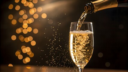 Bubbly champagne pouring into a glass with sparkli