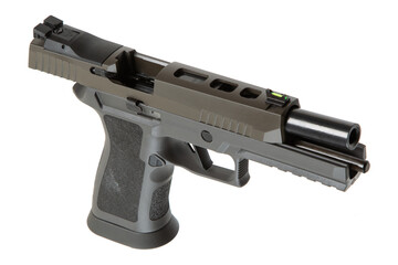 Semi-automatic handgun with a textured grip, tactical rail, and cutout slide, visible barrel,...