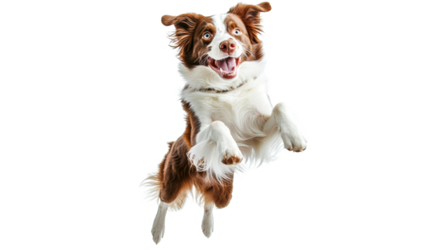 Happy dog jumping joyfully in mid air