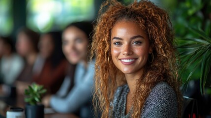 Smiling woman with curly red hair looks at the camera