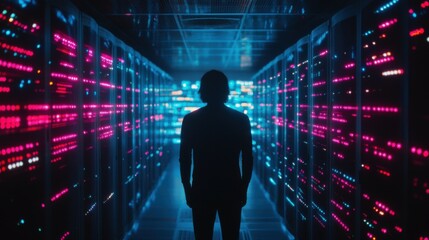 The image portrays a faceless person amid a data center filled with vibrant lights, representing anonymity in the digital age