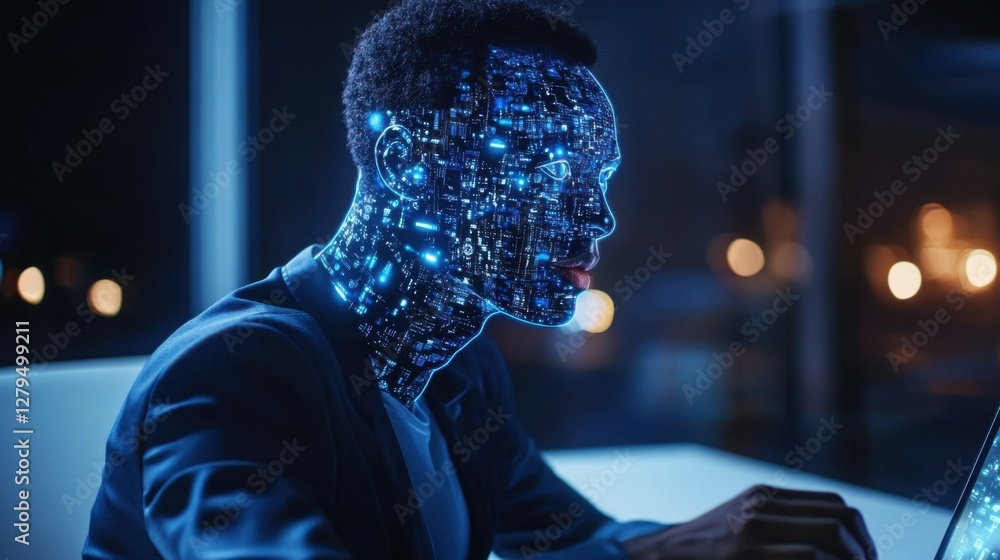 Poster artificial intelligence content generator. man uses laptop to interact with ai assistant for ai chat