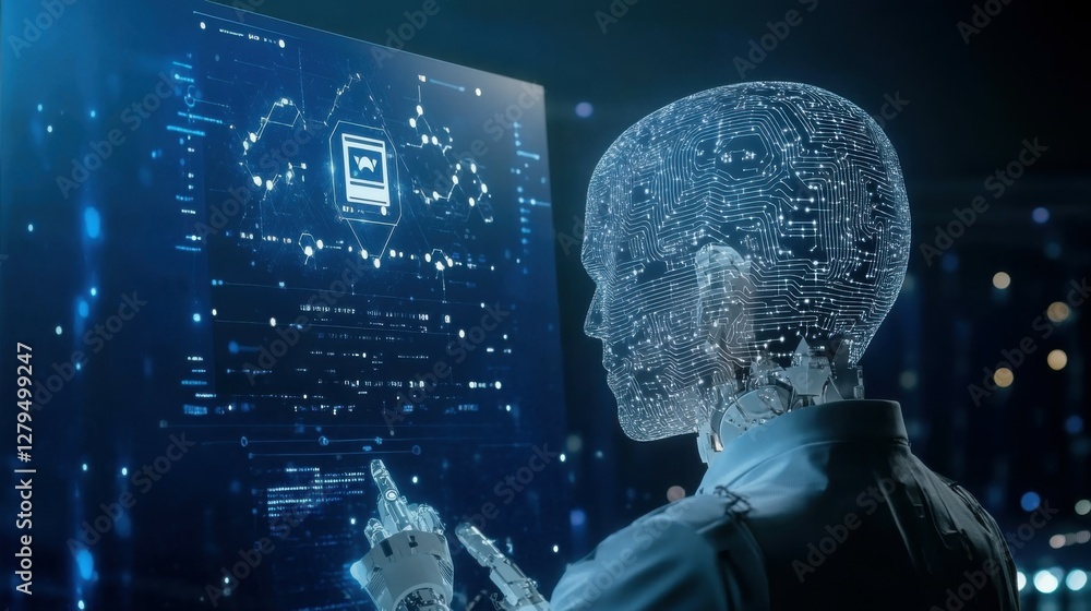 Poster ai or artificial intelligence concept. businessman using computer use ai to help business and used i