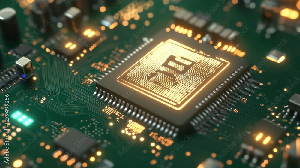 Poster chrome computer chip with ai engraving on green circuit board with glowing patterns